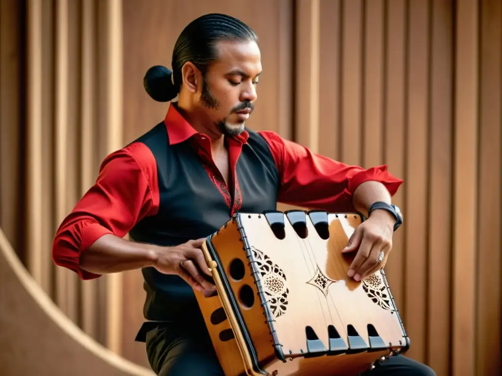 Un músico apasionado toca el cajón flamenco en un ambiente vibrante y lleno de vida, con el público entregado