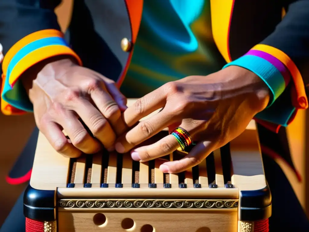 Un músico apasionado toca el cajón flamenco, con manos adornadas y una atmósfera vibrante