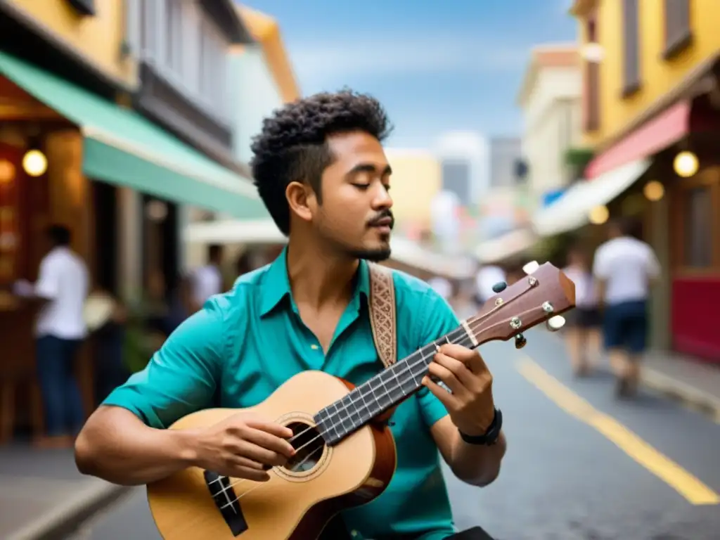 Un músico apasionado toca el ukelele en una ciudad bulliciosa, mostrando su versatilidad en géneros inesperados