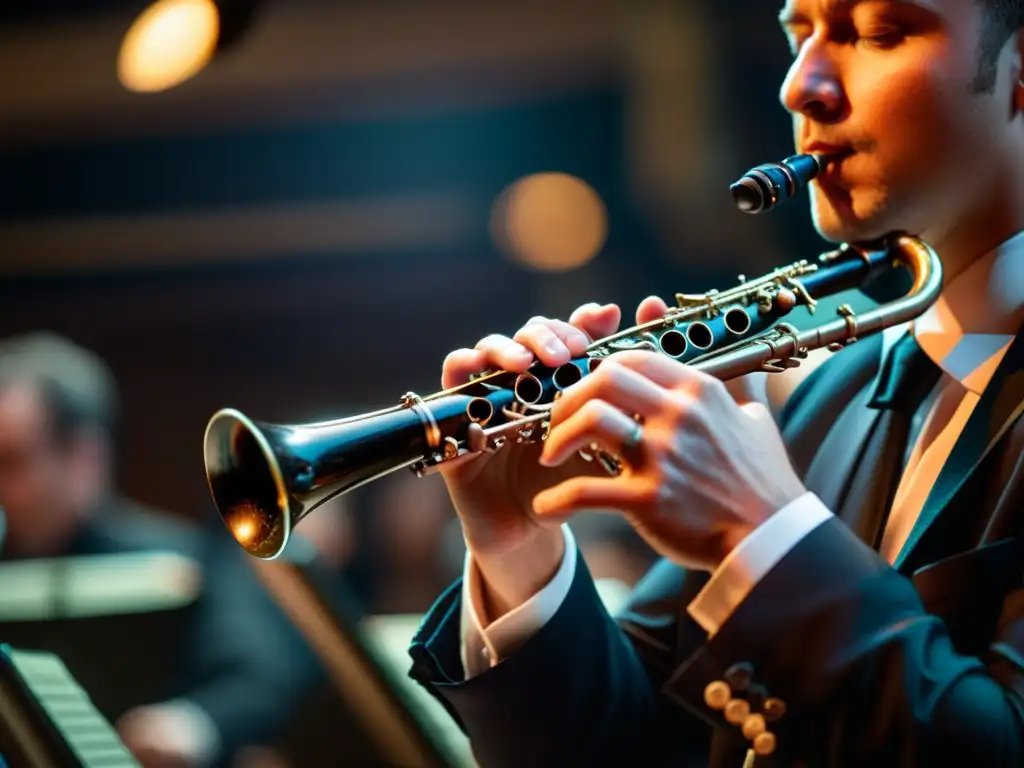 Un músico apasionado toca el clarinete con destreza, mientras la cálida luz resalta los detalles del instrumento