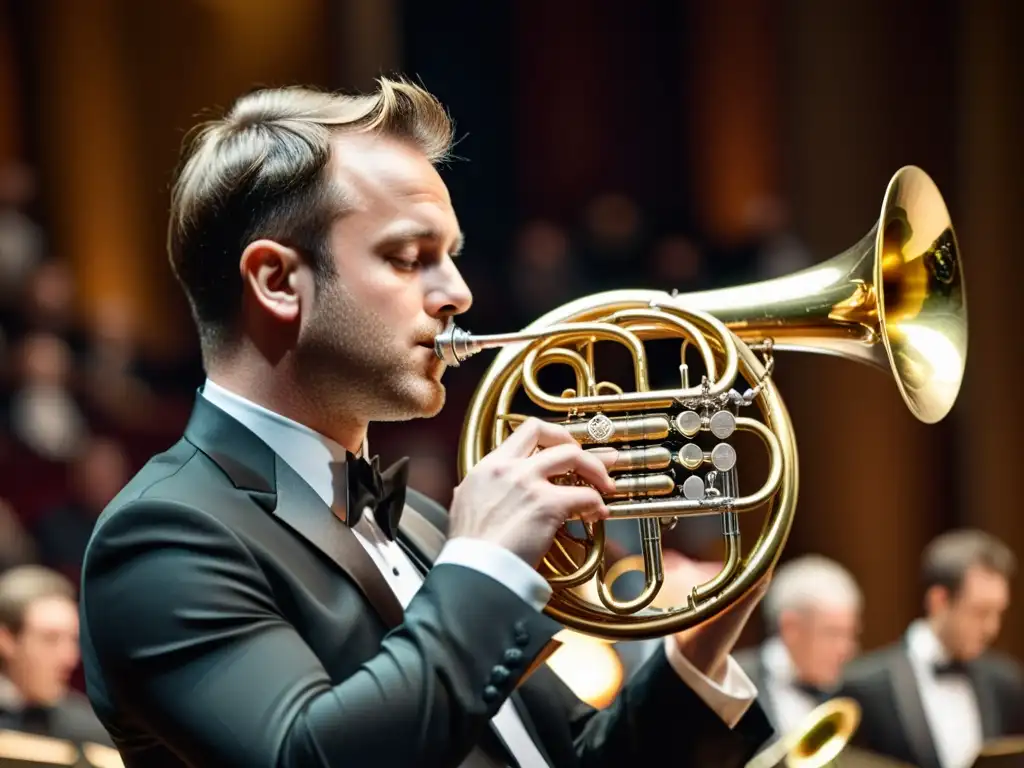 Un músico apasionado toca el cuerno francés en un concierto, con detalles intrincados y una atmósfera dinámica en el escenario