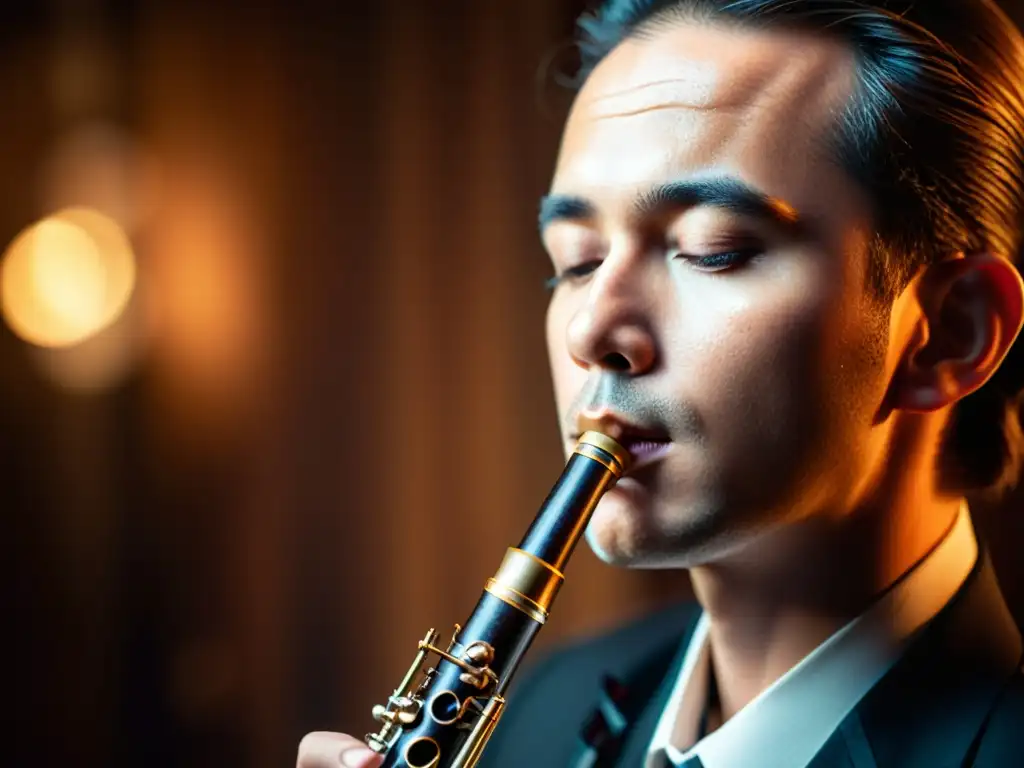 Un músico apasionado toca con destreza un hermoso oboe de madera, concentrado en perfeccionar su arte