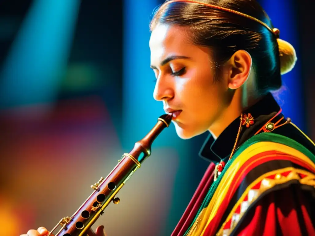 Un músico apasionado toca la dulzaina en un vibrante teatro tradicional español