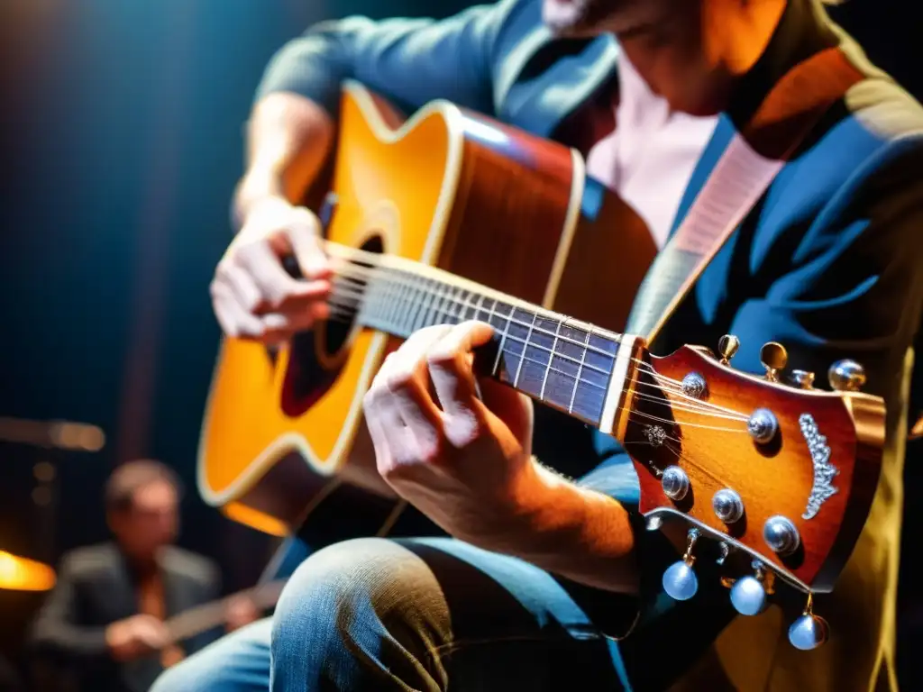 Un músico apasionado captura la energía del escenario al tocar la guitarra con destreza, mostrando la conexión con su arte