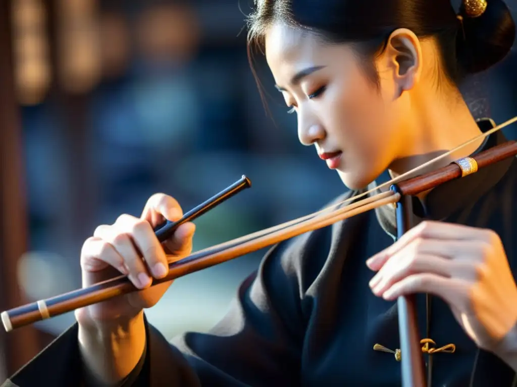 Un músico apasionado toca el erhu, un instrumento chino tradicional, con destreza y emoción