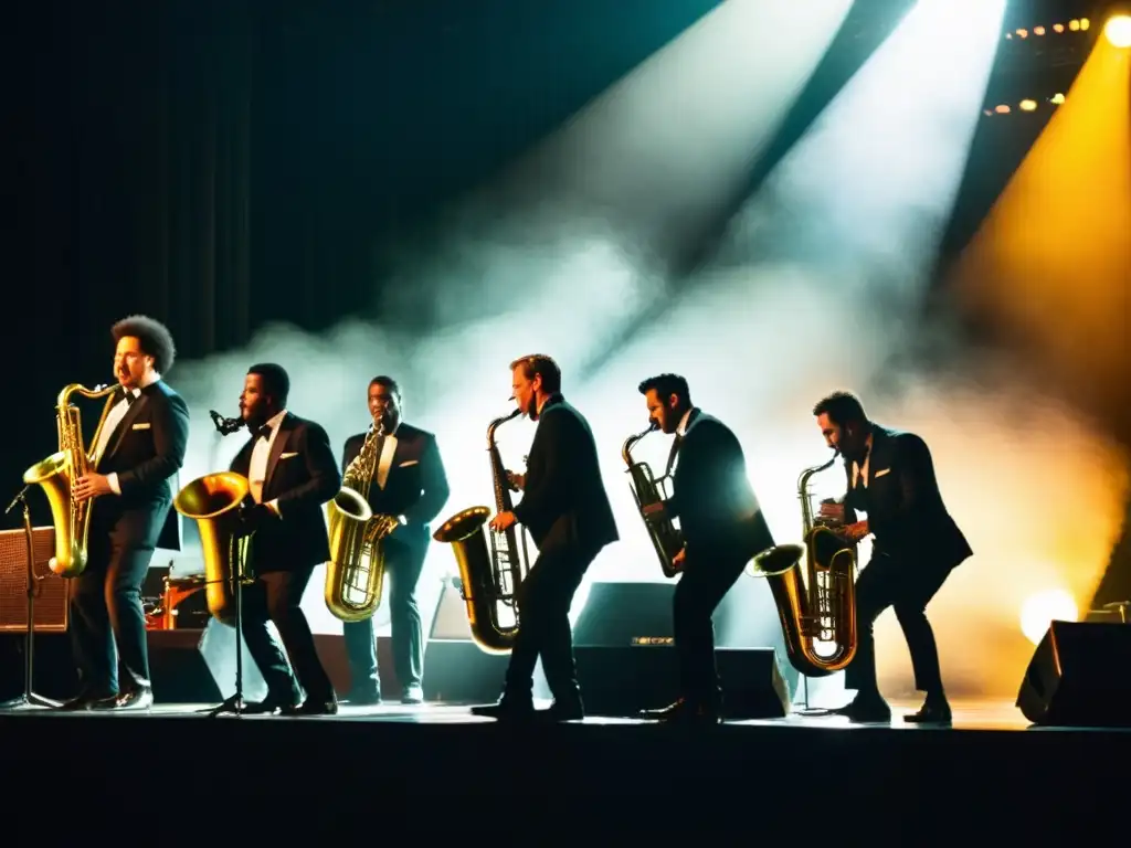 Un músico apasionado toca la tuba en el escenario, mientras la iluminación dramática resalta su intensidad