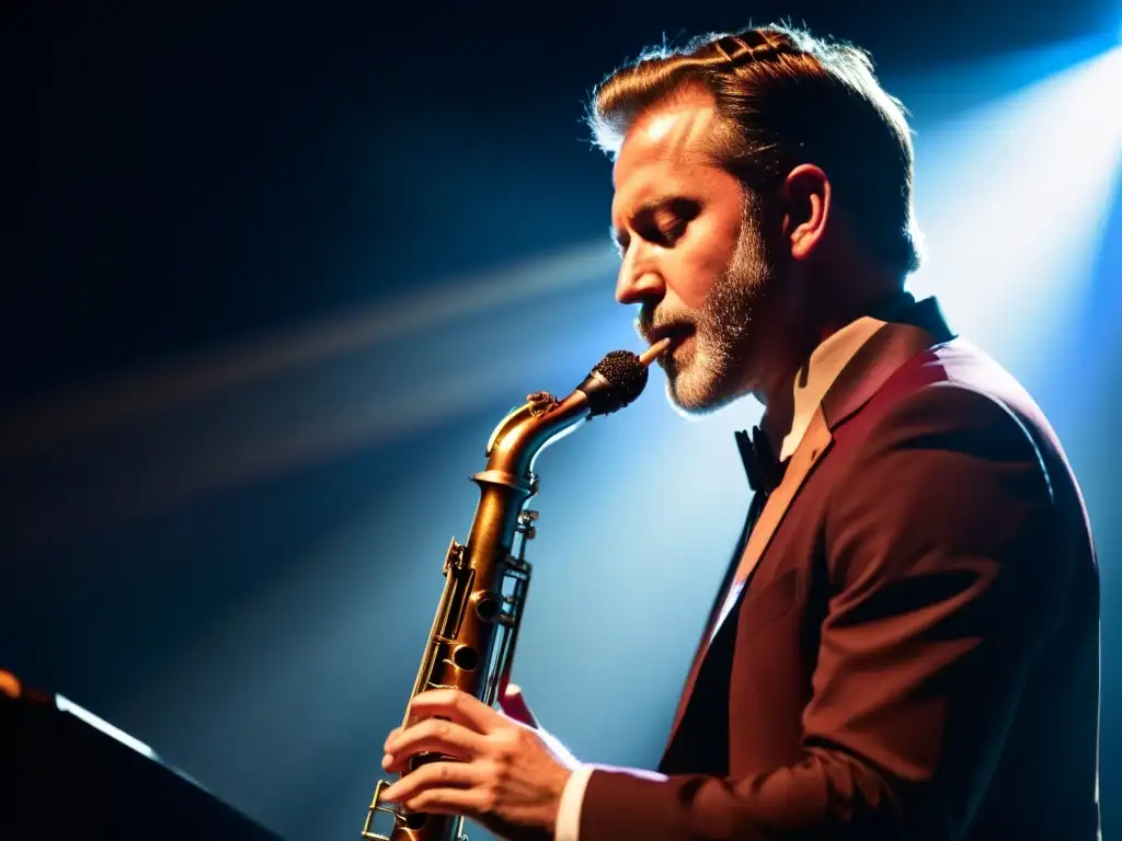 Un músico apasionado interpreta el fagot en el escenario, con expresión concentrada