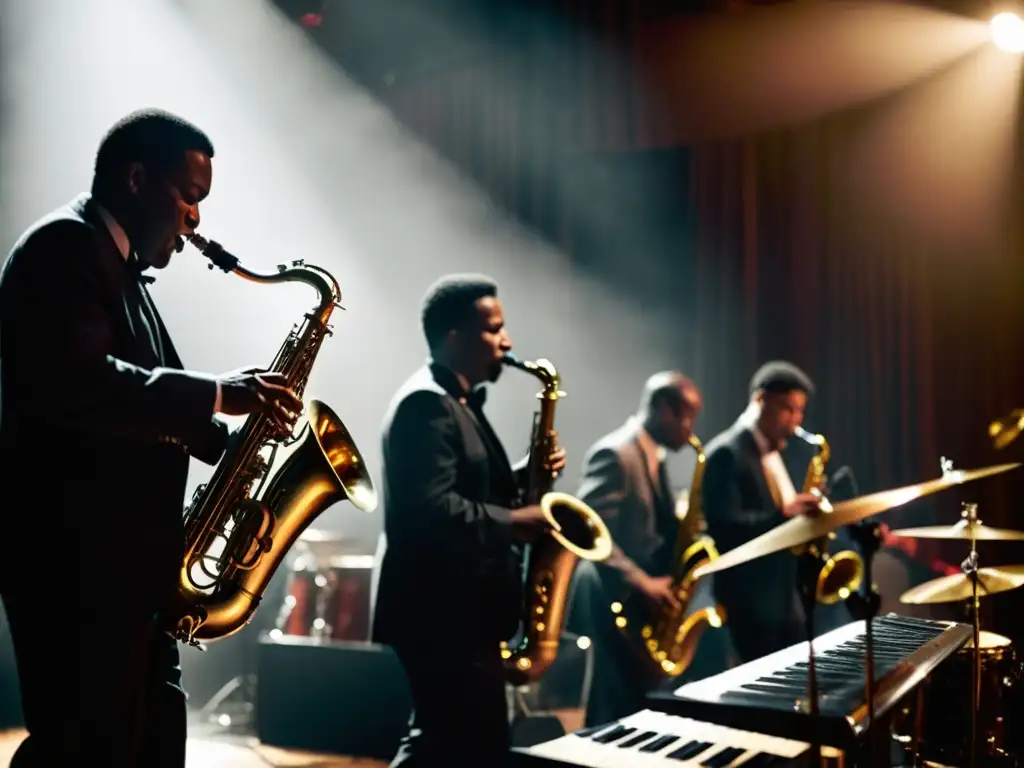 Un músico apasionado toca la tuba en un escenario tenue, evocando la nostalgia y emoción del jazz