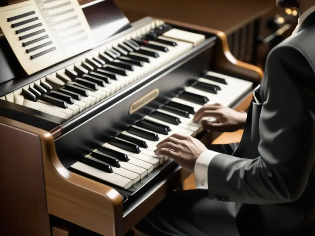 Un músico apasionado toca el órgano Hammond en un estudio de grabación, creando una atmósfera nostálgica y soul