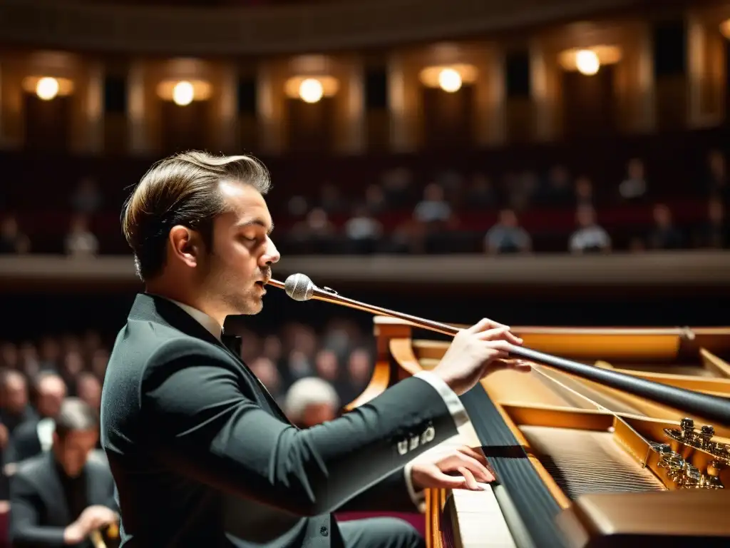 Un músico apasionado toca el fagotino en un teatro oscuro y lleno, destacando la maestría técnica del instrumento