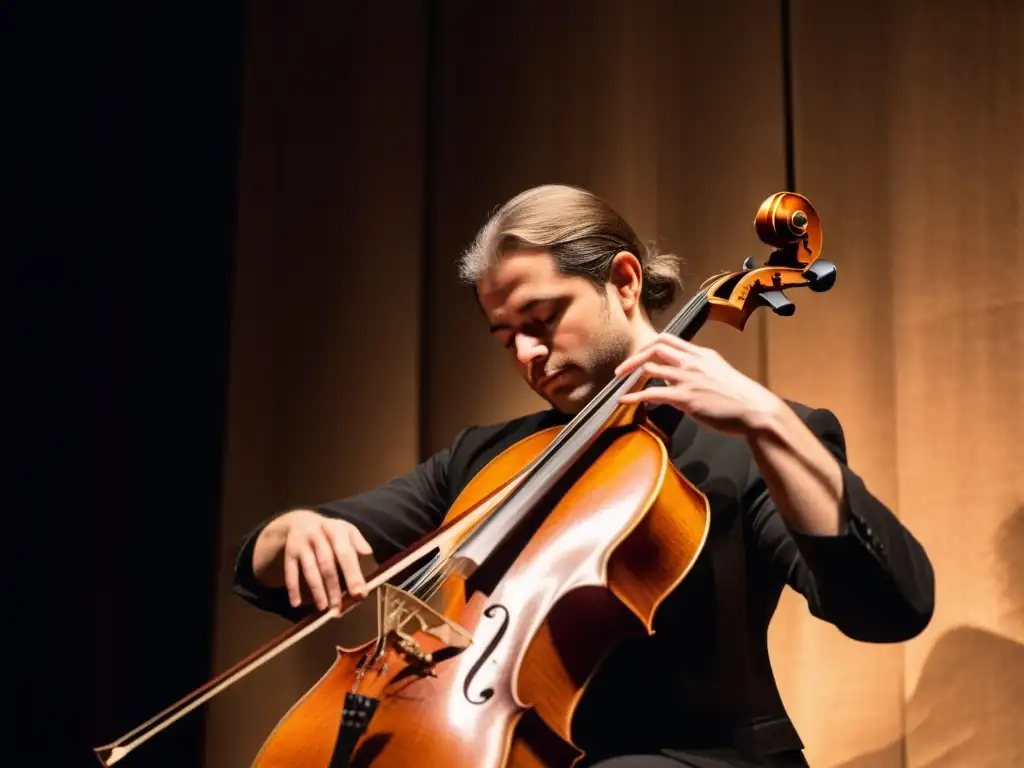 Un músico apasionado toca la Viola da gamba en un escenario tenue, destacando la importancia del Viola da gamba en la música contemporánea