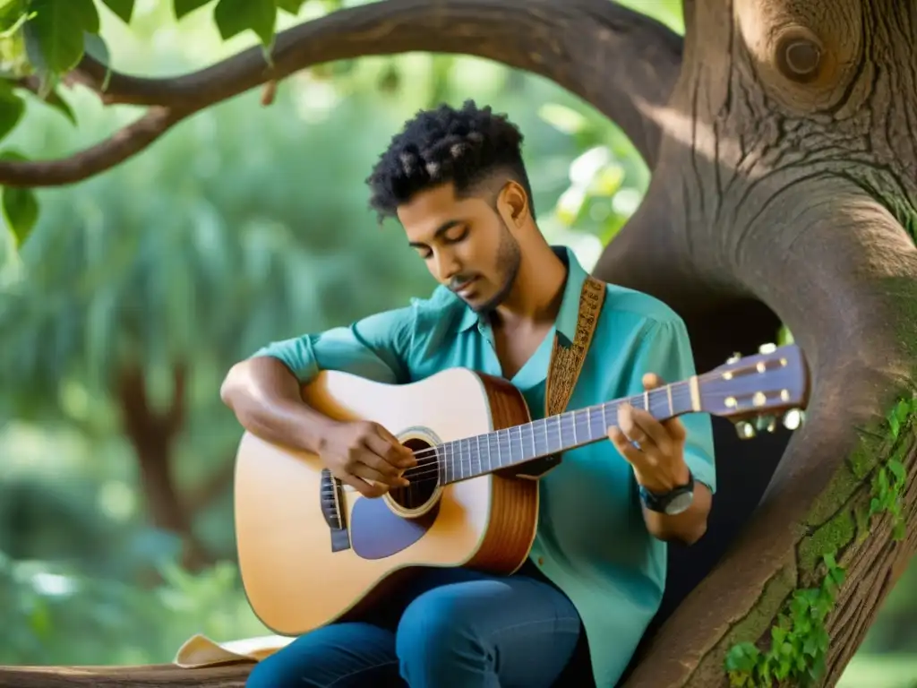 Un músico apasionado toca una guitarra ecológica bajo un árbol frondoso