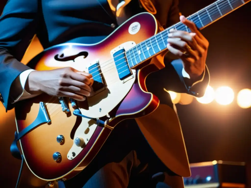 Un músico apasionado toca una guitarra eléctrica vintage en un escenario tenue, mientras el público observa con atención