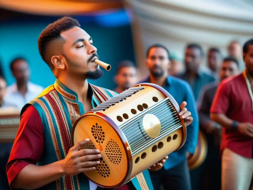 Un músico apasionado toca un instrumento musical híbrido único, mientras una diversa audiencia disfruta de la música transcultural