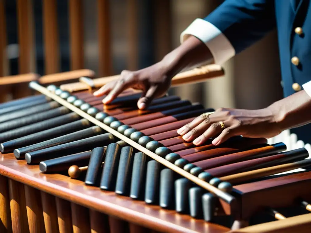 Un músico apasionado toca una marimba tradicional, mostrando el origen y evolución de la marimba en América Latina