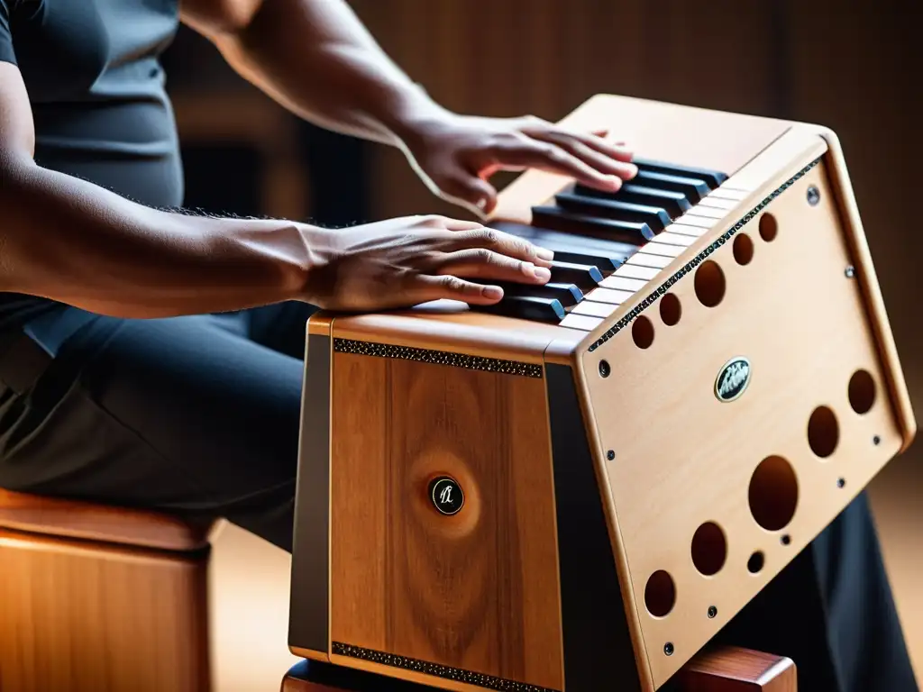 Un músico apasionado toca un moderno cajón, resaltando la fusión de la artesanía tradicional con la interpretación musical contemporánea