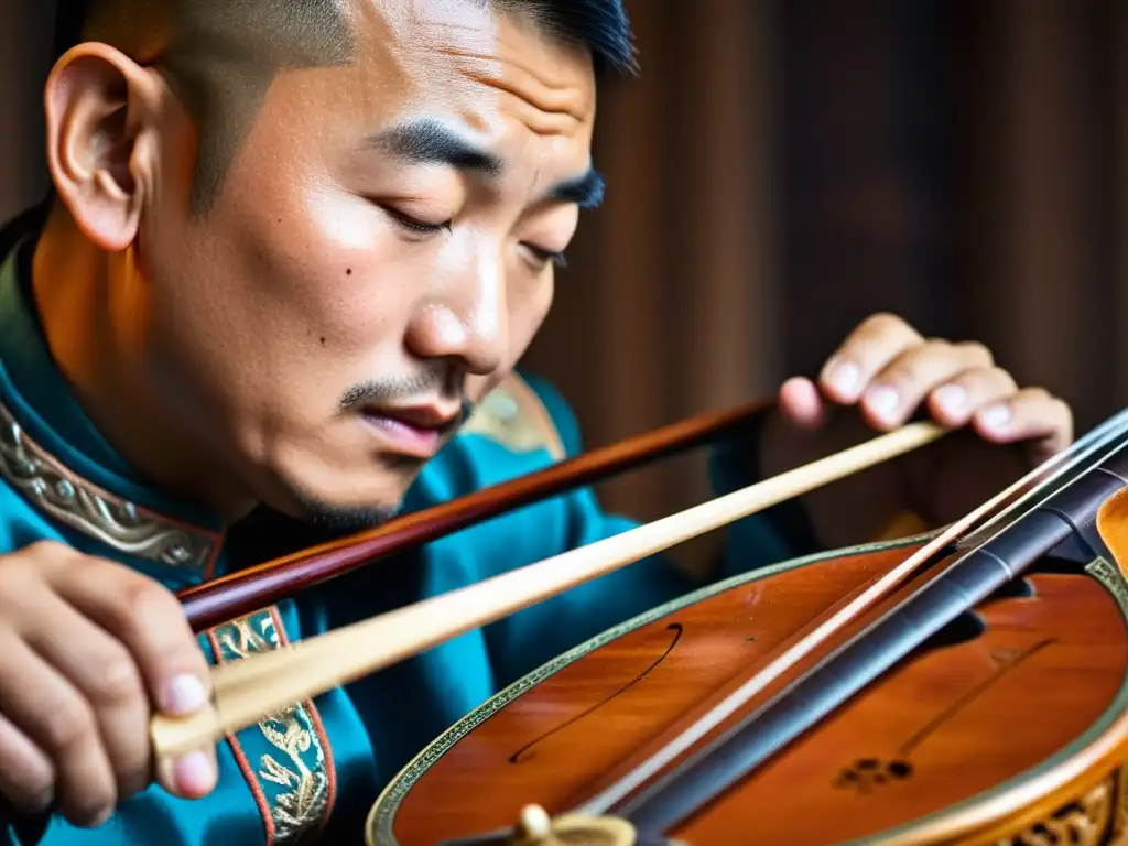 Un músico apasionado toca el Morin Khuur, la fídula tradicional de Mongolia, destacando la artesanía y la cultura