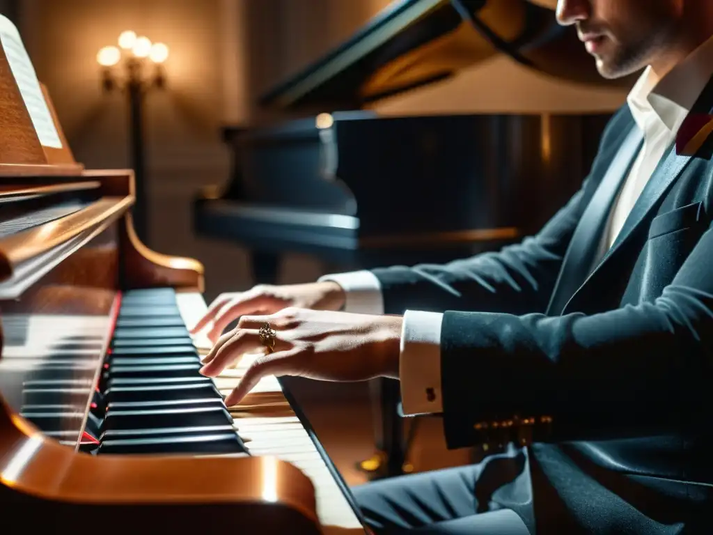 Un músico apasionado toca un piano de cola en una atmósfera íntima, destacando la influencia del piano en la música latina