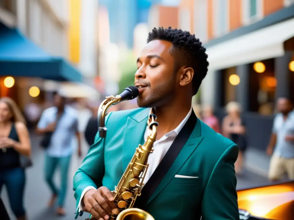 Un músico apasionado toca el saxofón en una bulliciosa calle, conectando tradición y modernidad en la era del pop