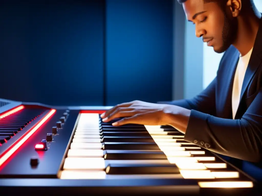 Un músico apasionado toca el Seaboard en un estudio de grabación, con iluminación cálida y sombras dinámicas