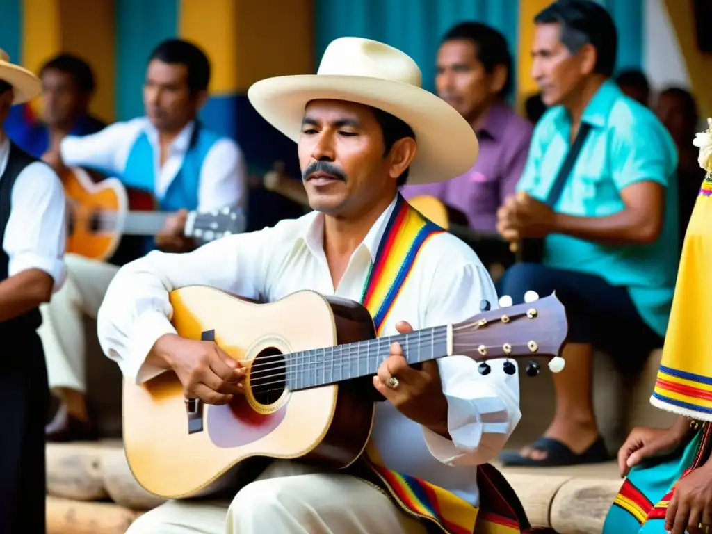 Un músico apasionado toca el tiple colombiano en un festival folclórico, envuelto en la rica historia y folklore del tiple colombiano