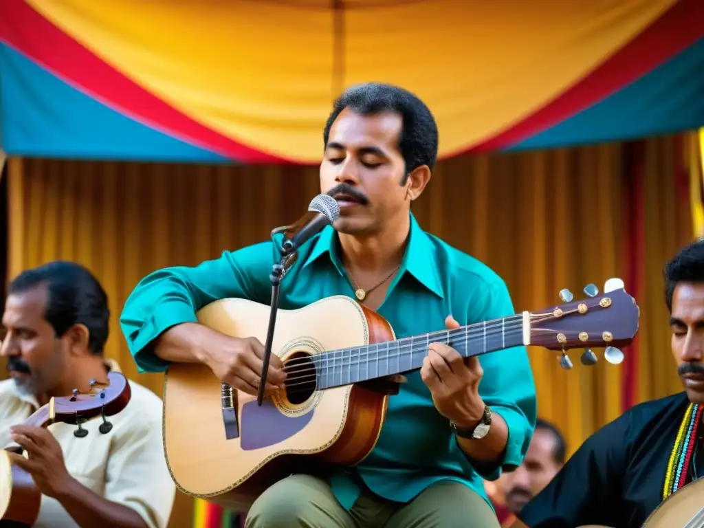 Un músico apasionado improvisa en un Cuatro Venezolano en un escenario folklórico