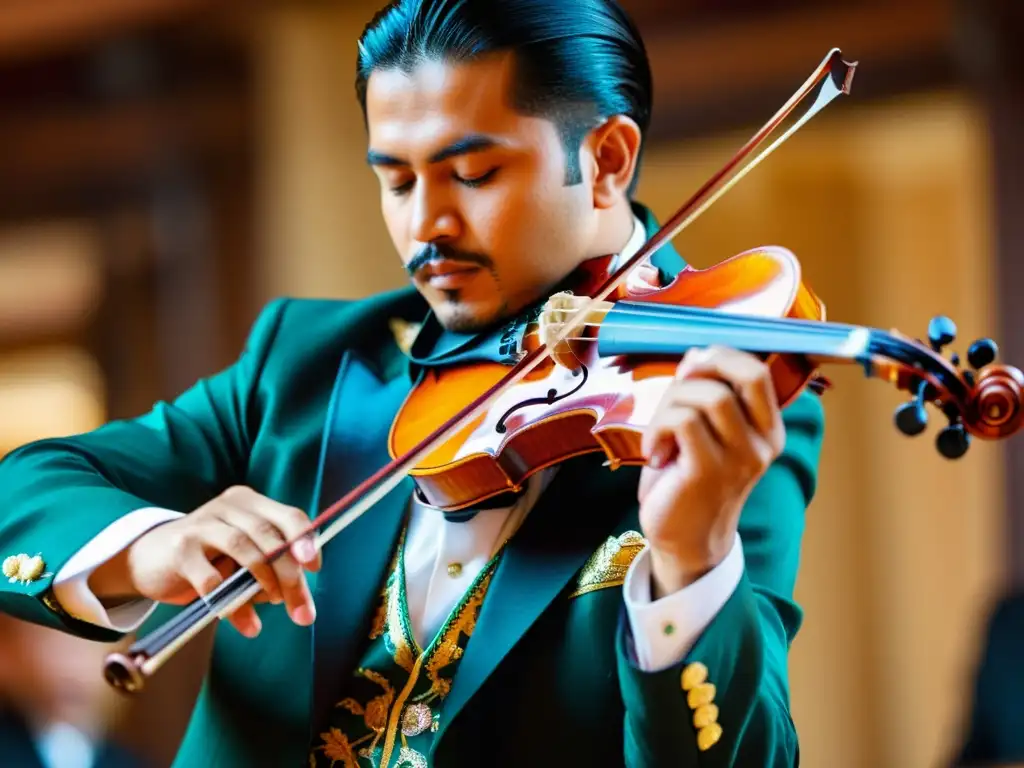 Un músico apasionado toca el violín con destreza durante una animada presentación de mariachi