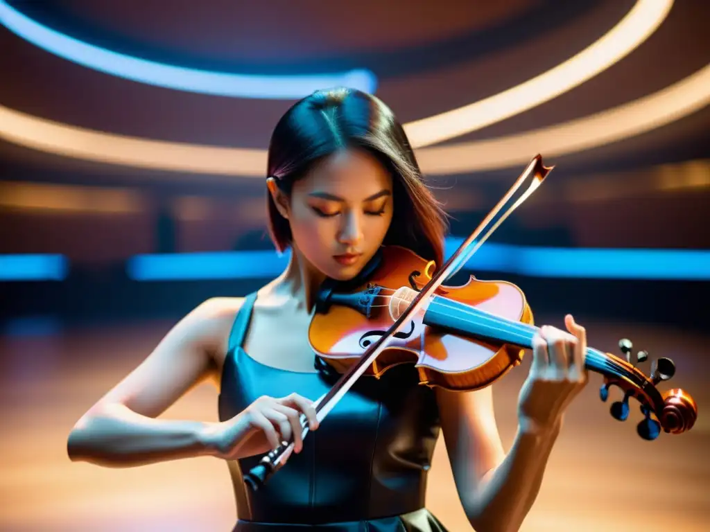 Un músico apasionado toca un violín eléctrico futurista en una sala de conciertos moderna