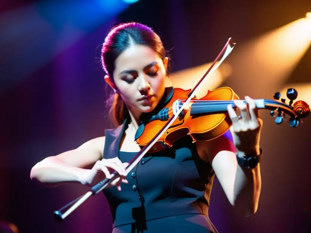 Un músico apasionado toca un violín eléctrico moderno en el escenario, iluminado por luces vibrantes