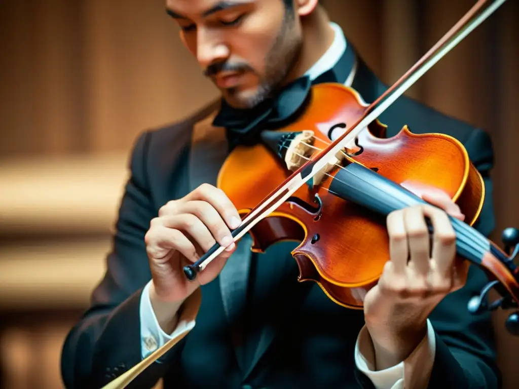 Un músico apasionado toca un violín de madera, mostrando la destreza y la pasión en cada nota