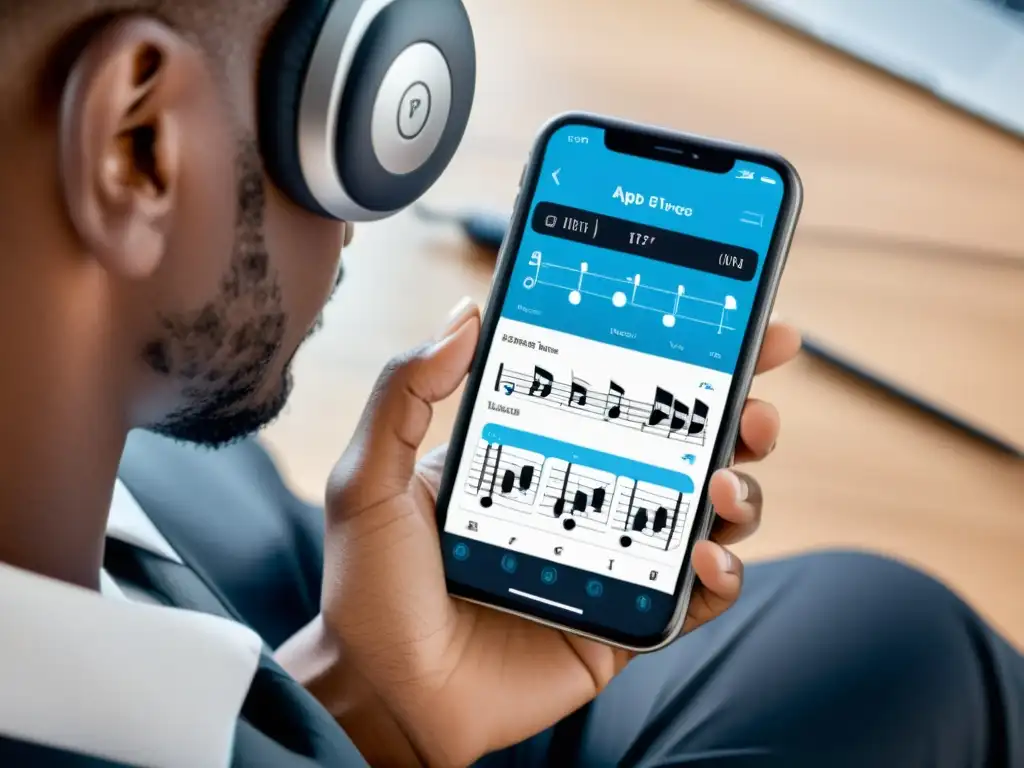 Un músico se concentra usando una app para 'Entrenamiento auditivo para músicos', enfocado en sus auriculares