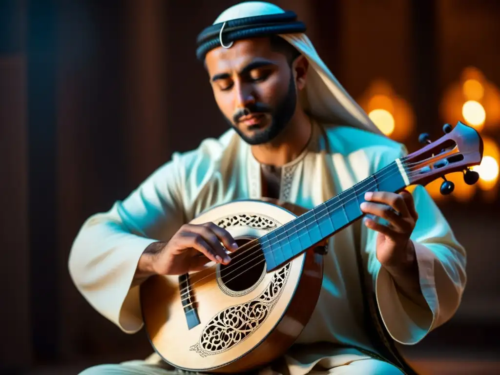 Un músico toca habilidosamente un oud árabe en una atmósfera íntima, destacando la influencia cultural del oud árabe