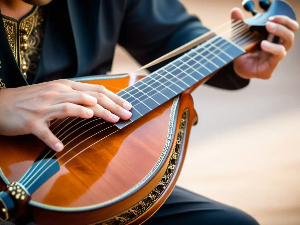 Un músico hábil toca el Oud árabe, resaltando las raíces culturales y la artesanía