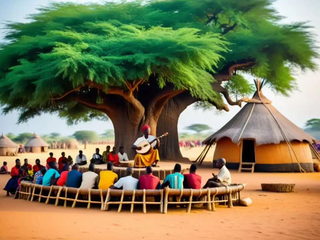 Un músico toca el kora bajo un árbol en una aldea africana, rodeado de gente y chozas tradicionales, capturando la historia y sonido del kora africano