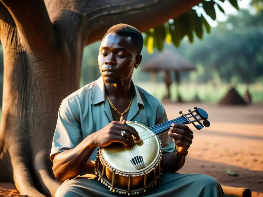 Un músico congoleño toca el likembe bajo un árbol al atardecer, destacando la historia del likembe del Congo