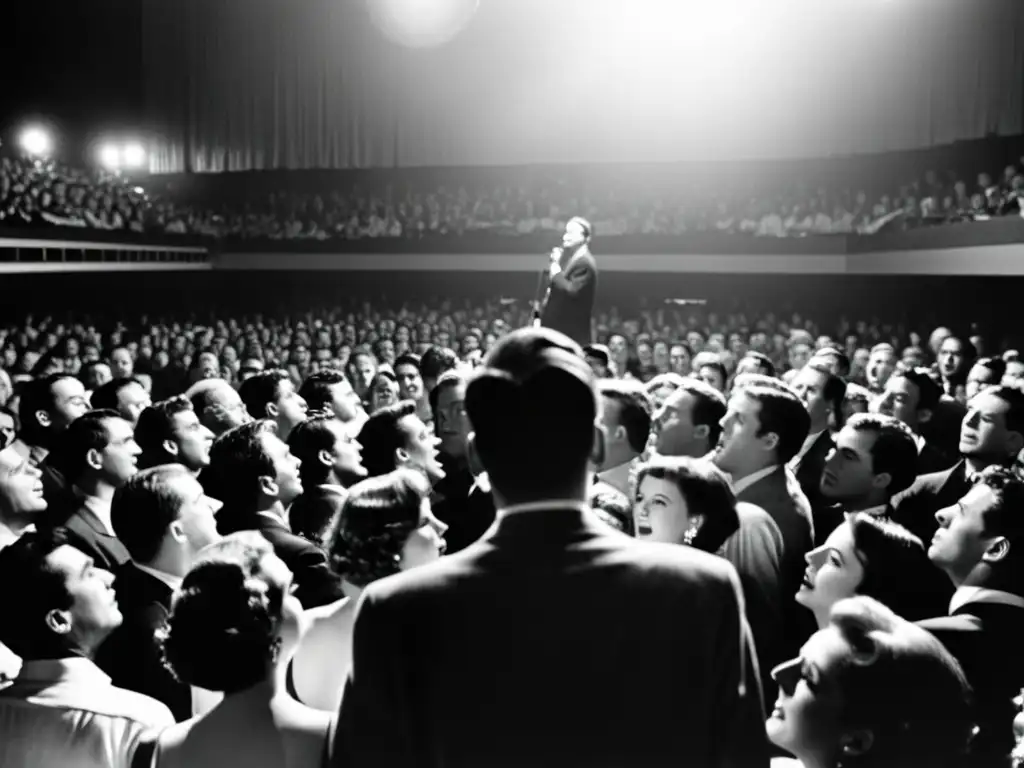 Un músico de armónica en un teatro abarrotado de los años 50, evocando la energía y emoción de una actuación en vivo