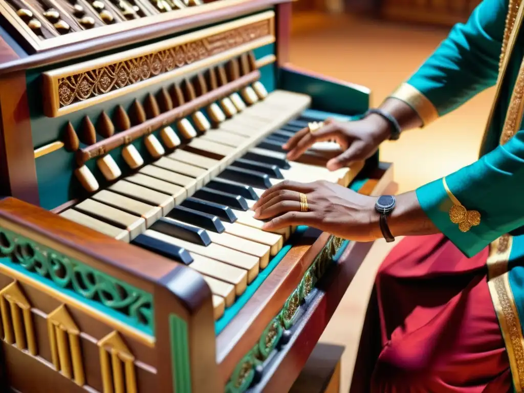 Un músico toca un armonio indio en un entorno devocional, resaltando la historia y sonido del harmonium indio