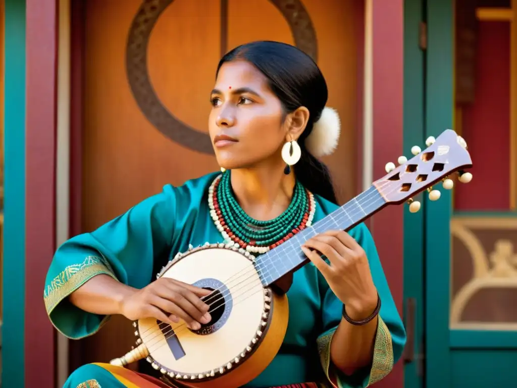 Un músico indígena toca el Arpa de boca en un entorno culturalmente rico que refleja la historia y relevancia cultural del instrumento