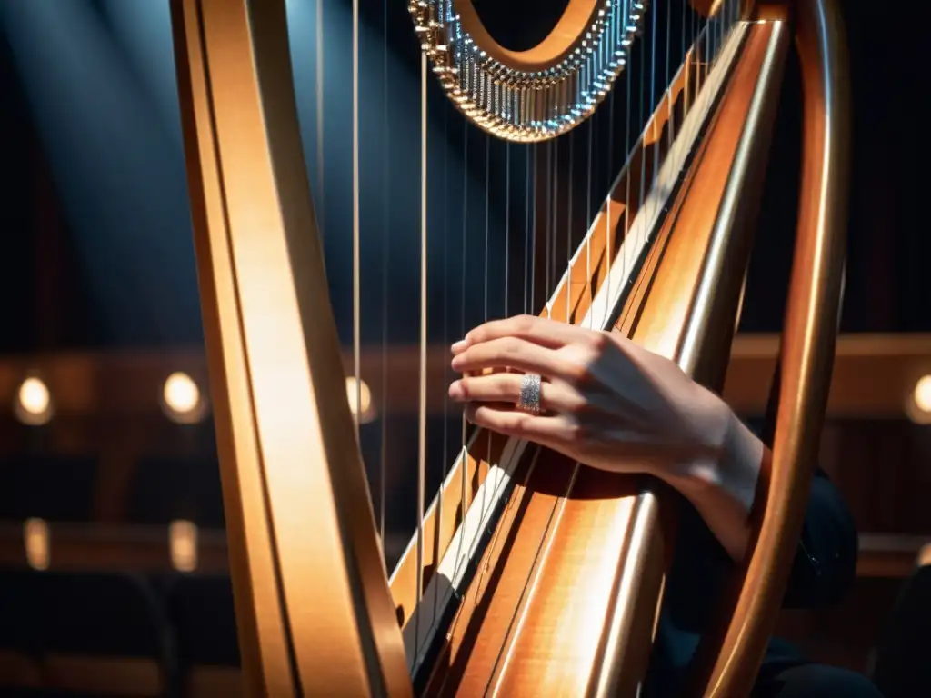 Un músico toca un arpa de cristal en un escenario iluminado, transmitiendo serenidad y elegancia