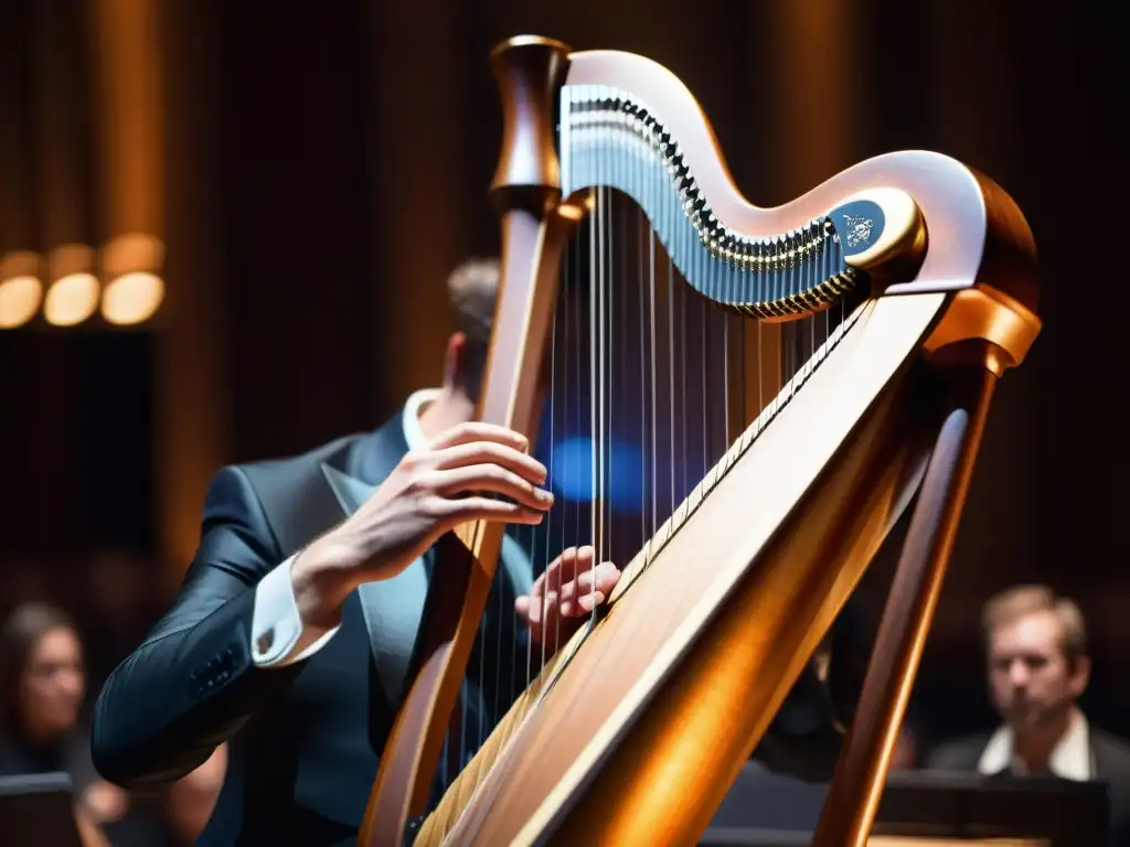 Un músico toca un arpa eléctrica en un elegante concierto