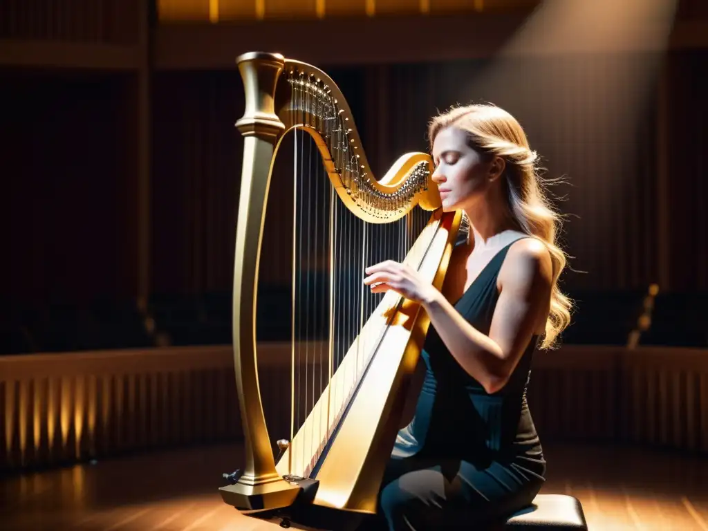 Un músico toca un arpa eléctrica en un escenario iluminado por un cálido foco, transmitiendo la historia y sonido del arpa eléctrica