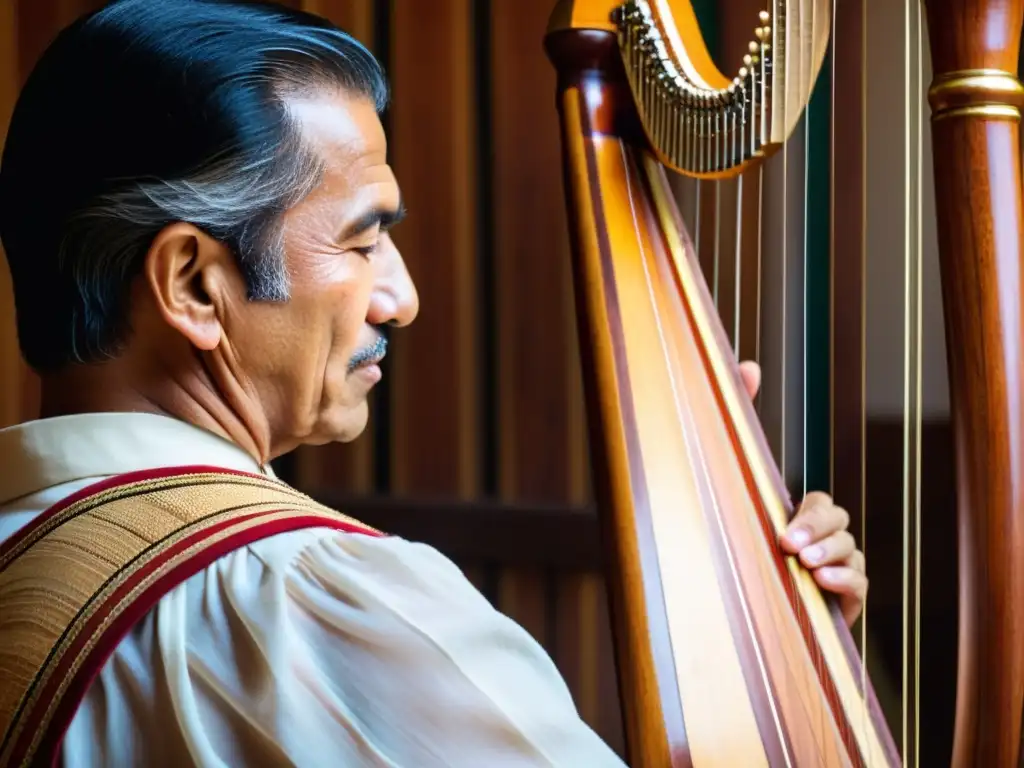 Un músico hábil toca una arpa paraguaya tradicional en una foto documental de alta resolución