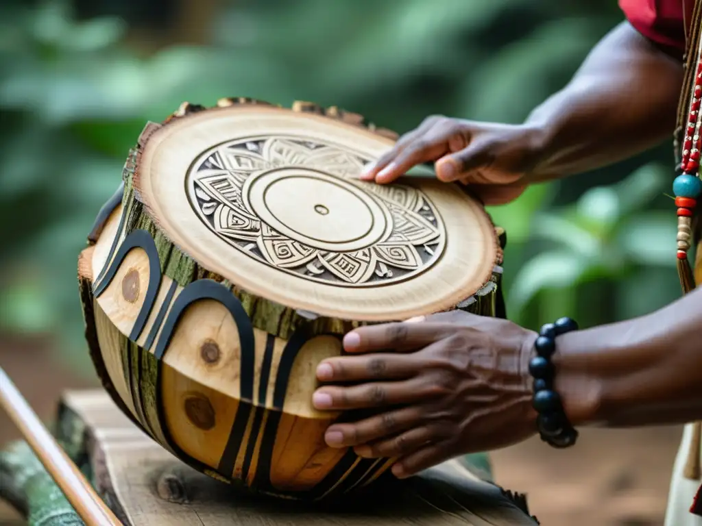 Un músico toca un log drum artesanal en un entorno tribal, creando ritmos