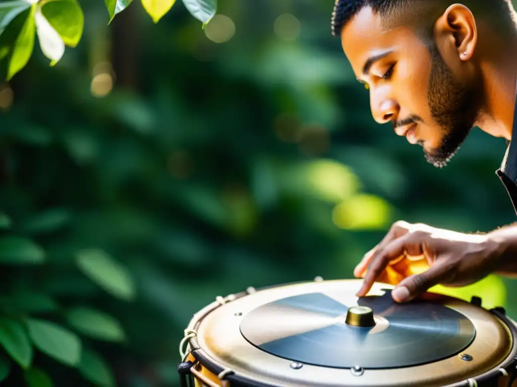 Un músico toca un hang drum artesanal en medio de exuberante vegetación