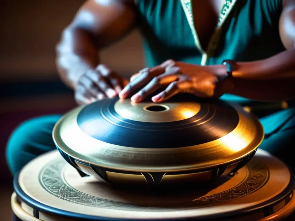 Un músico toca con pasión un hang drum, resaltando la artesanía única del handpan y la intensidad emocional