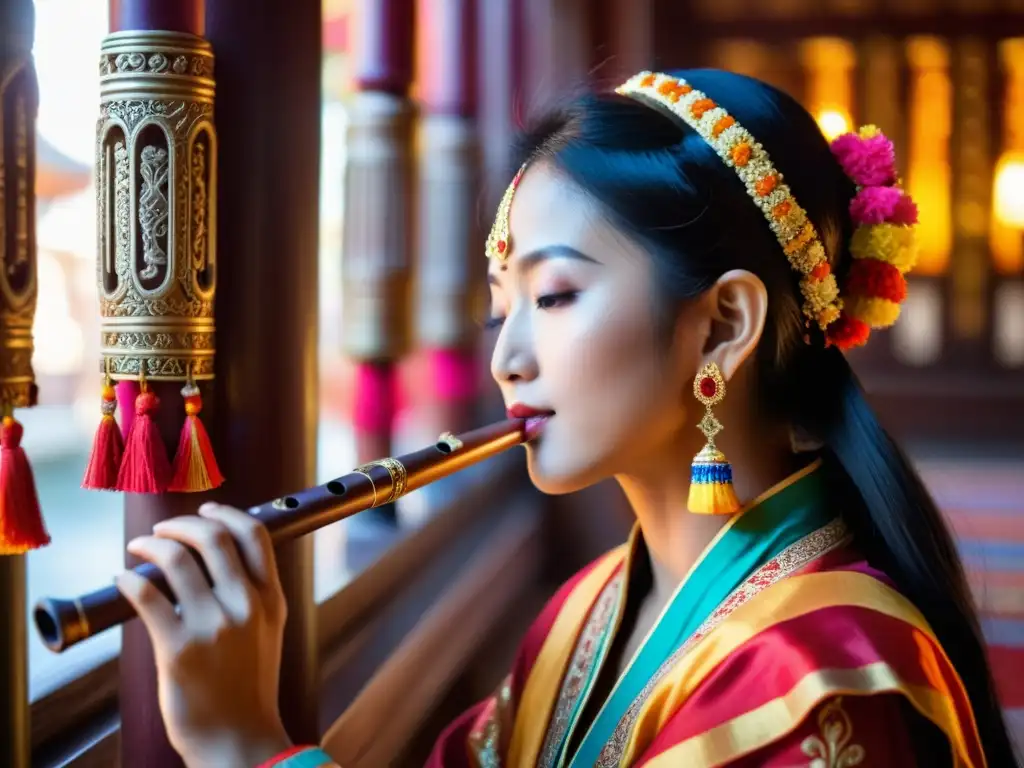 Un músico asiático viste atuendo tradicional mientras toca una flauta de madera decorada con borlas de seda