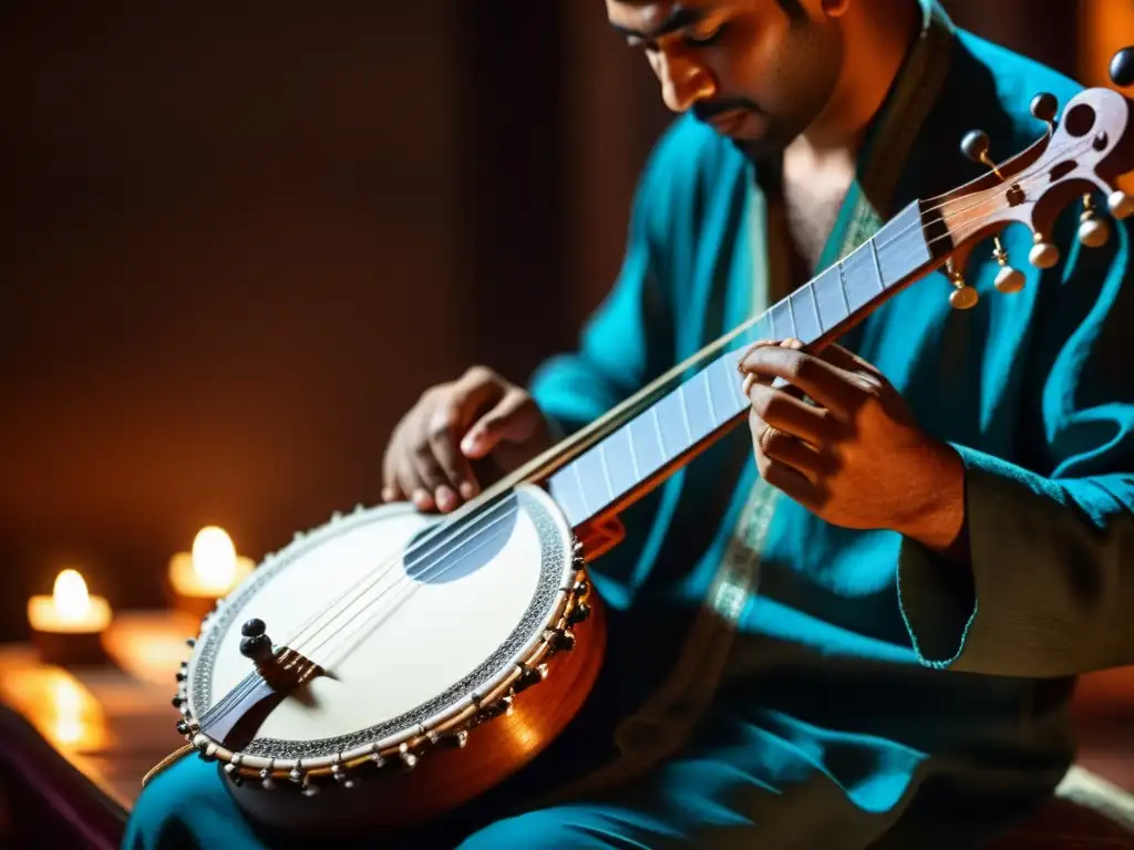 Un músico hábil toca el Rebab en una atmósfera íntima, resaltando la historia y sonido del Rebab