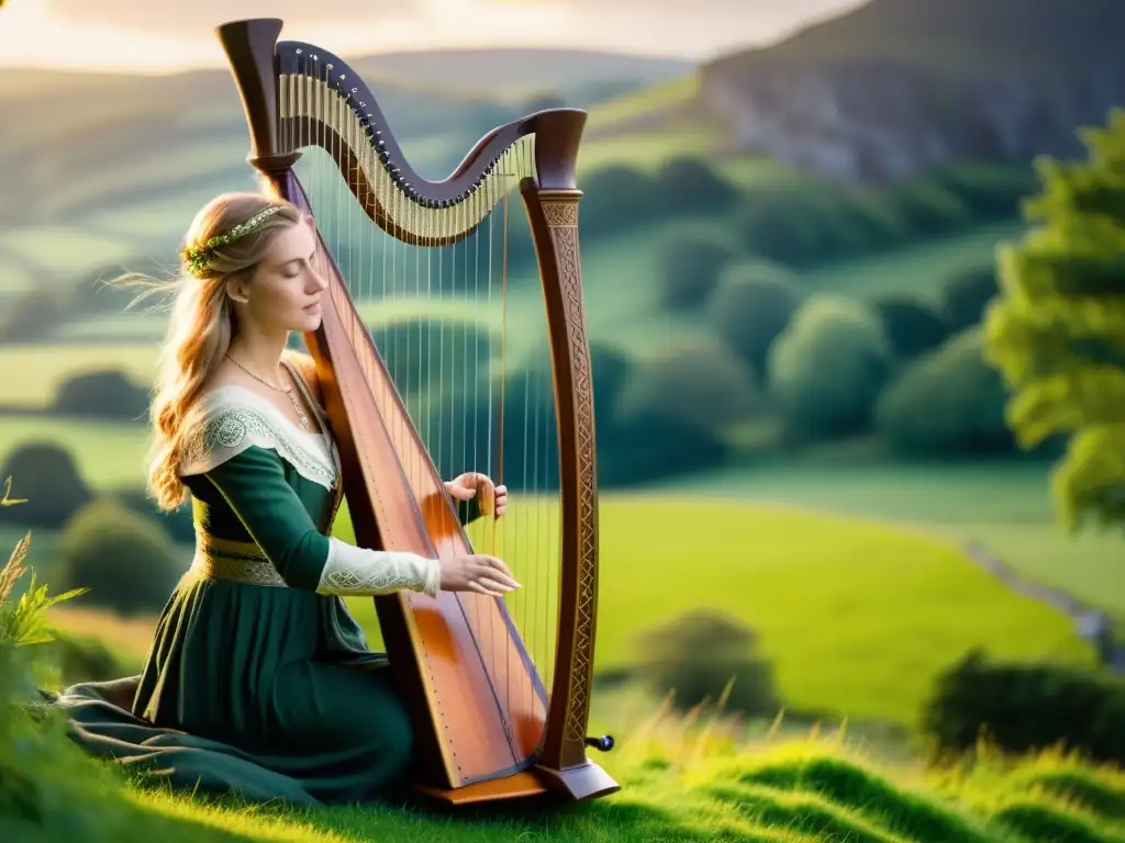 Un músico viste atuendo celta y toca un arpa en paisaje verde