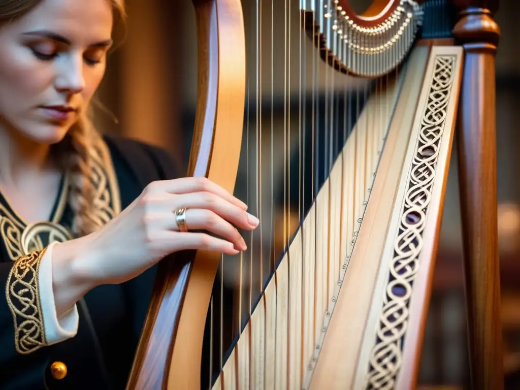 Un músico viste atuendo celta tradicional tocando una arpa celta con intrincados diseños, en un entorno sereno y natural