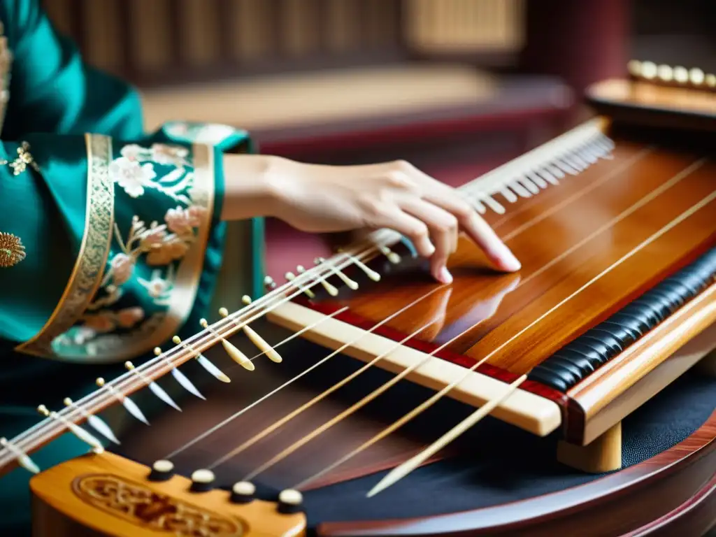 Un músico viste un atuendo elegante y toca el guzheng chino, destacando su historia y legado